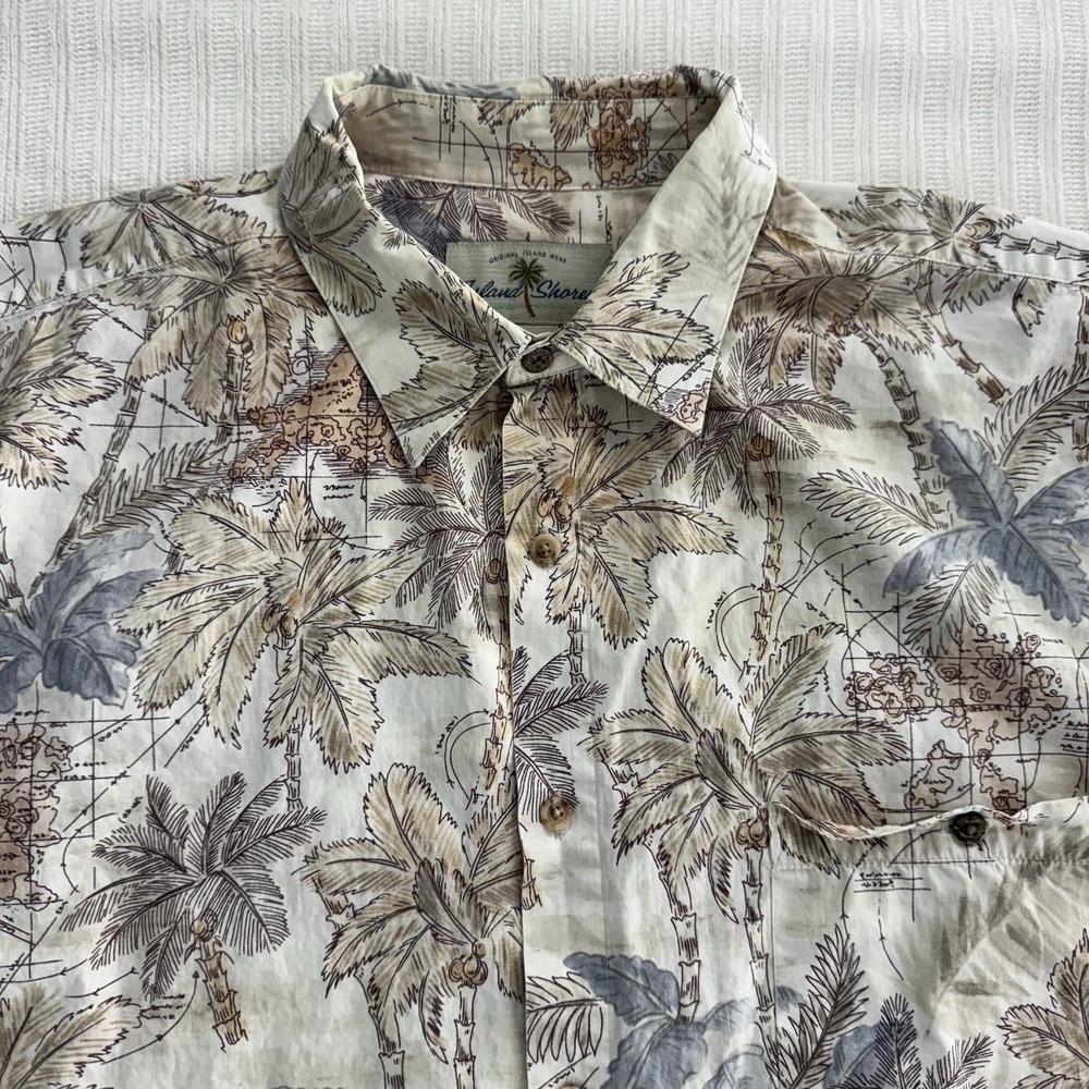 Island Shores Hawaiian Shirt XL Palm‎ Tree Map Print Aloha Button Up Resort Wear